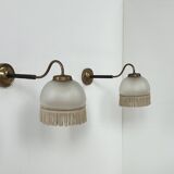 Vintage pair of wall lights, brass and frosted glass, France, 1970.