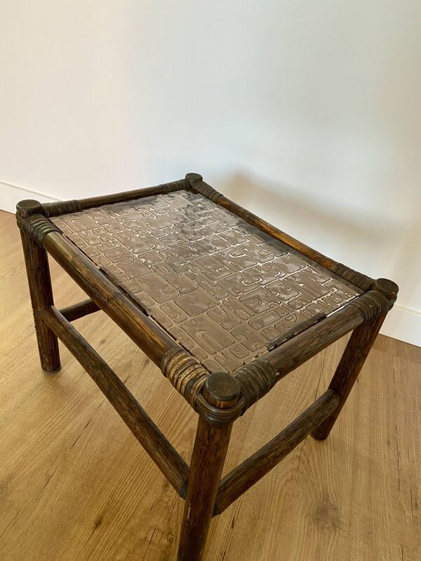 Table d'Appoint Bambou Rotin Verre Fumé Années 1970, Table Basse Rotin Verre Fumé