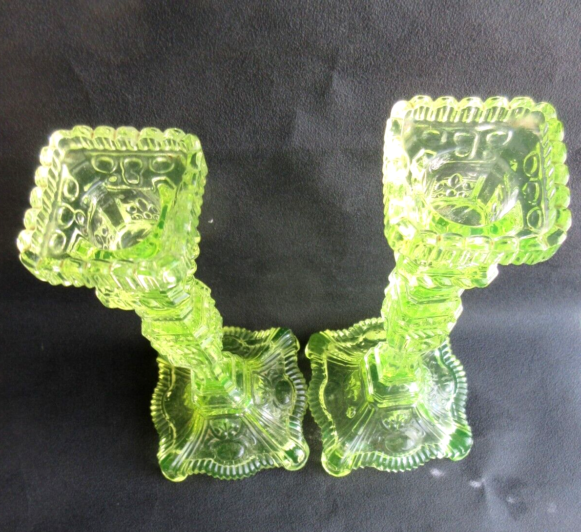 2 old yellow uraline glass candle holders signed portieux