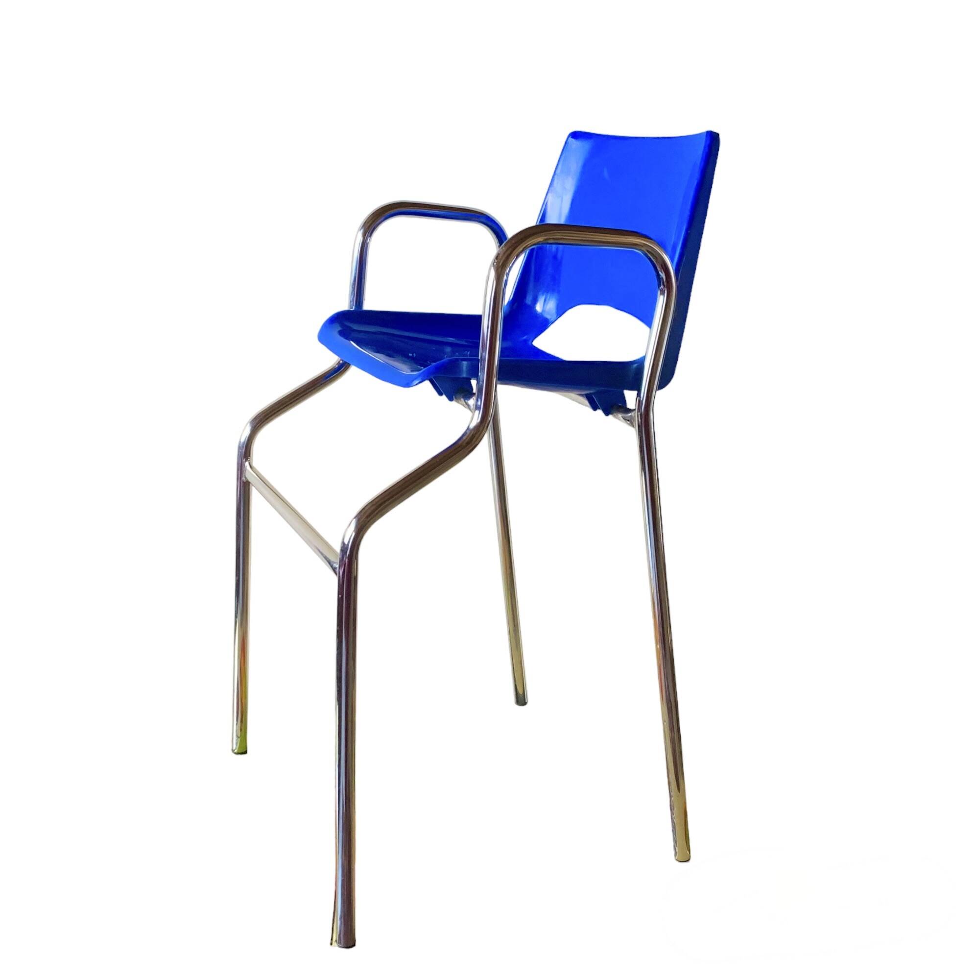 Vintage high chair for children in chrome metal and blue plastic