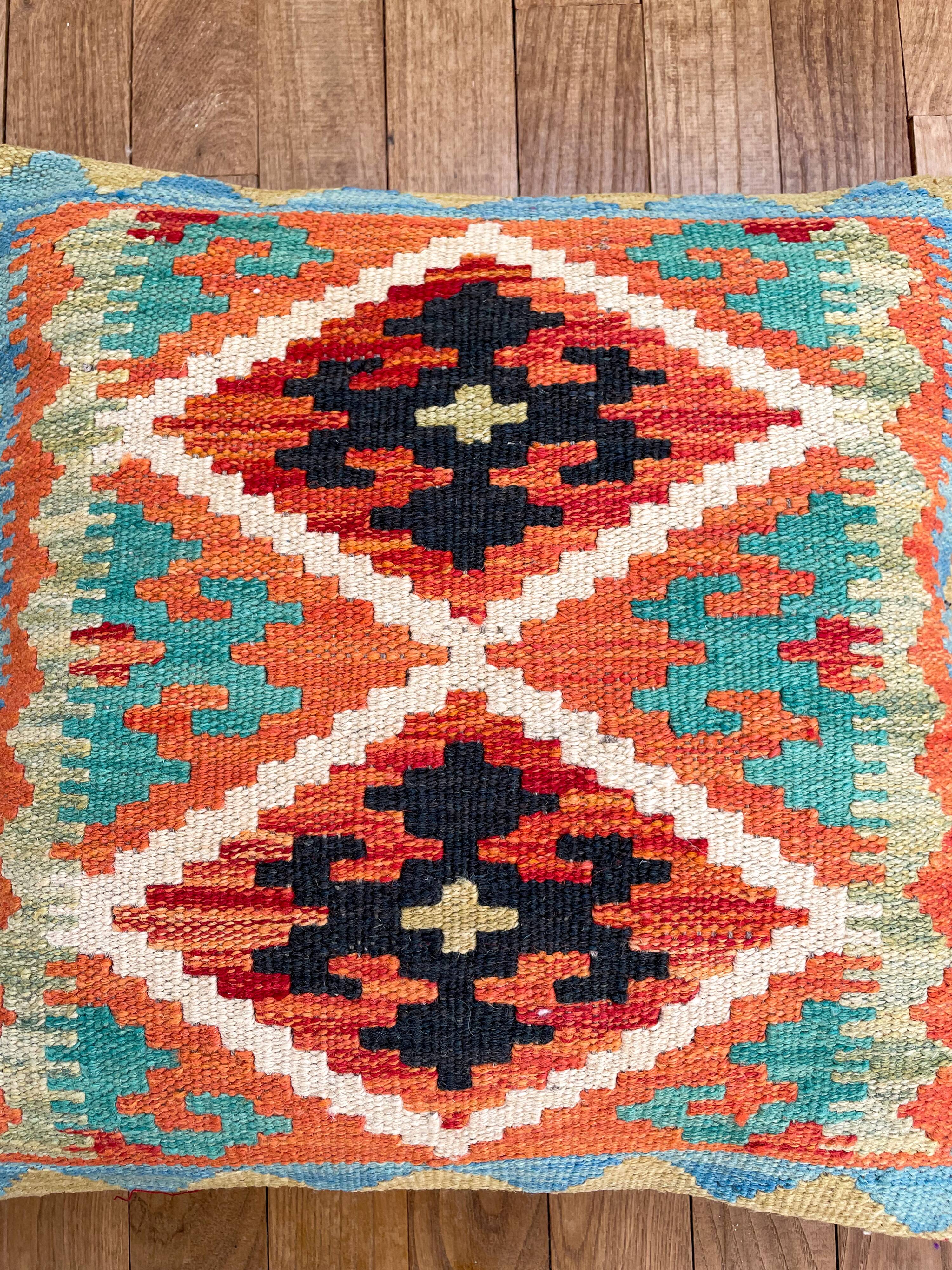 Multicolored orange afghan kilim cushion 47x47cm