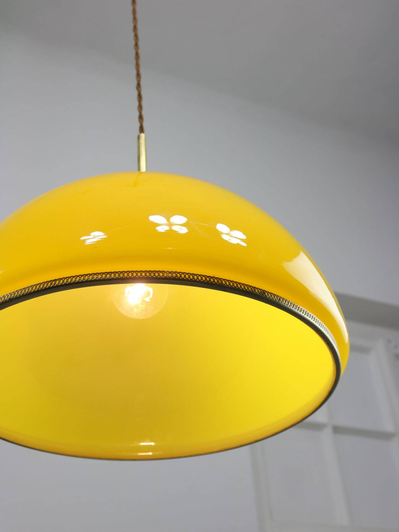 Mid-Century Italian Yellow Glass and Brass Pendant Lamp