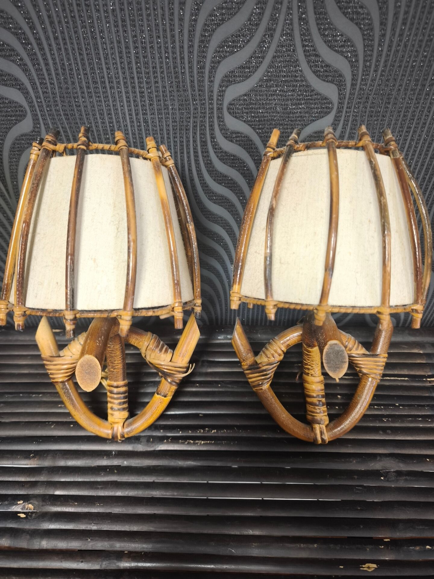 Pair of wall sconces in rattan