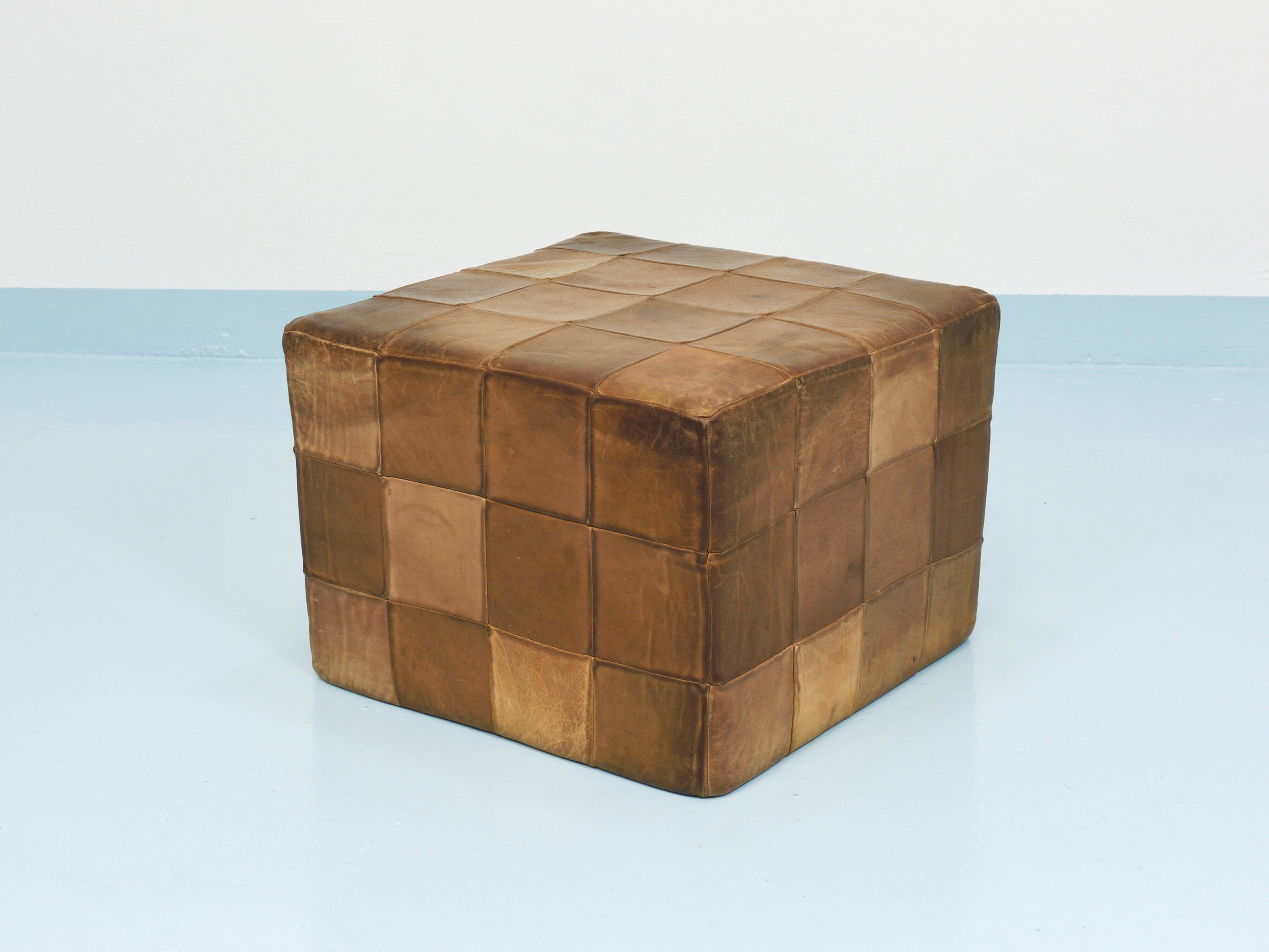 De Sede Patchwork Leather Cube Stool, Pouf, Ottoman, Switzerland, 1970s