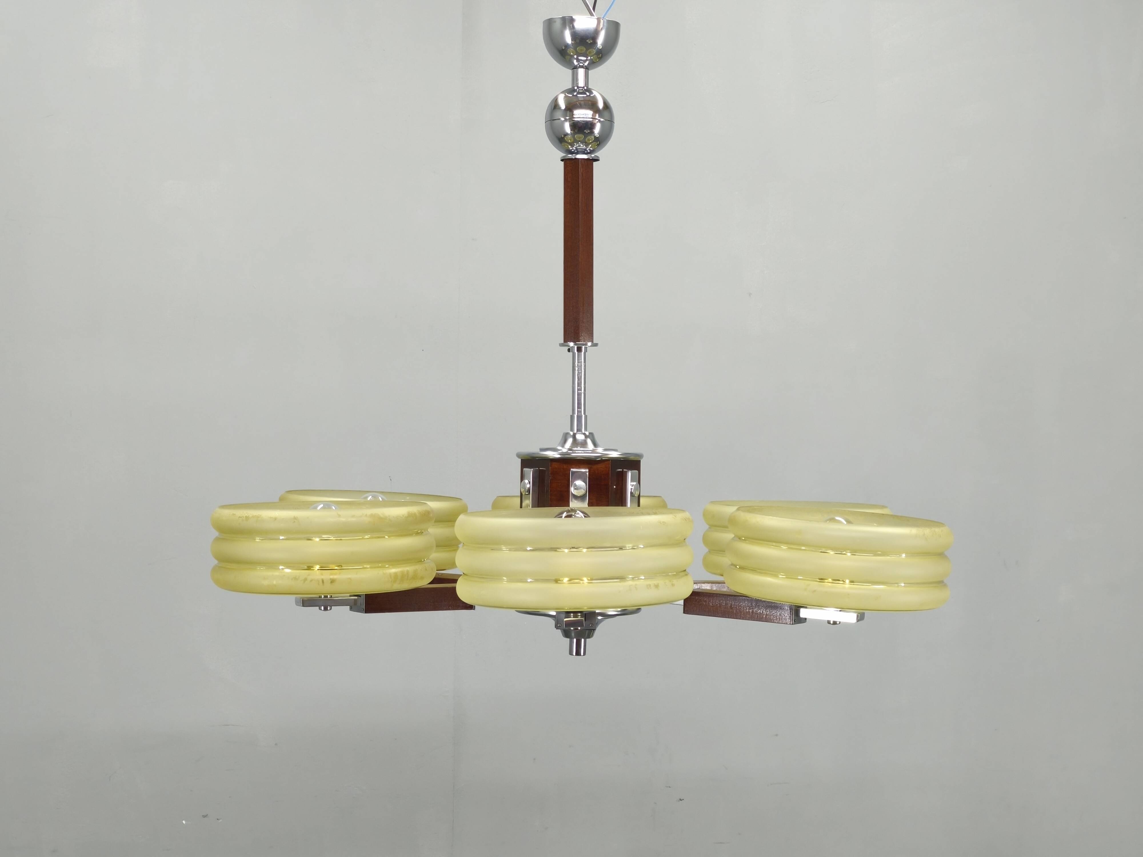 Art Deco Chrome and Walnut Chandelier, Czechoslovakia, 1930s