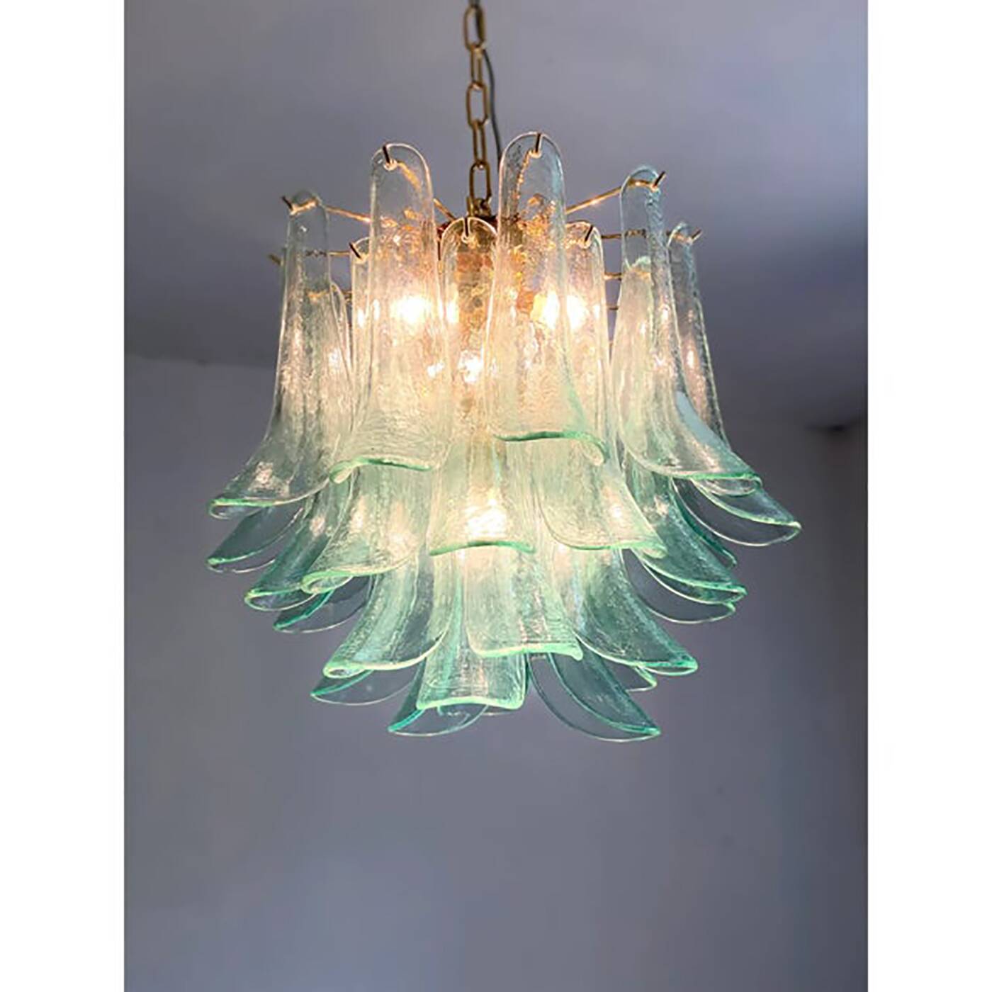 Lot of 2 Contemporary Green Murano Style Glass "Sella" Chandelier With Gold