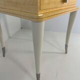 Italian Art Deco Style Cream Lacquer, Maple, Cream Velvet and Chromed Metal Side Table