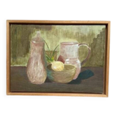 Huile sur toile "Nature morte avec cruche" par artiste inconnu, vintage et encadrée 50x37cm