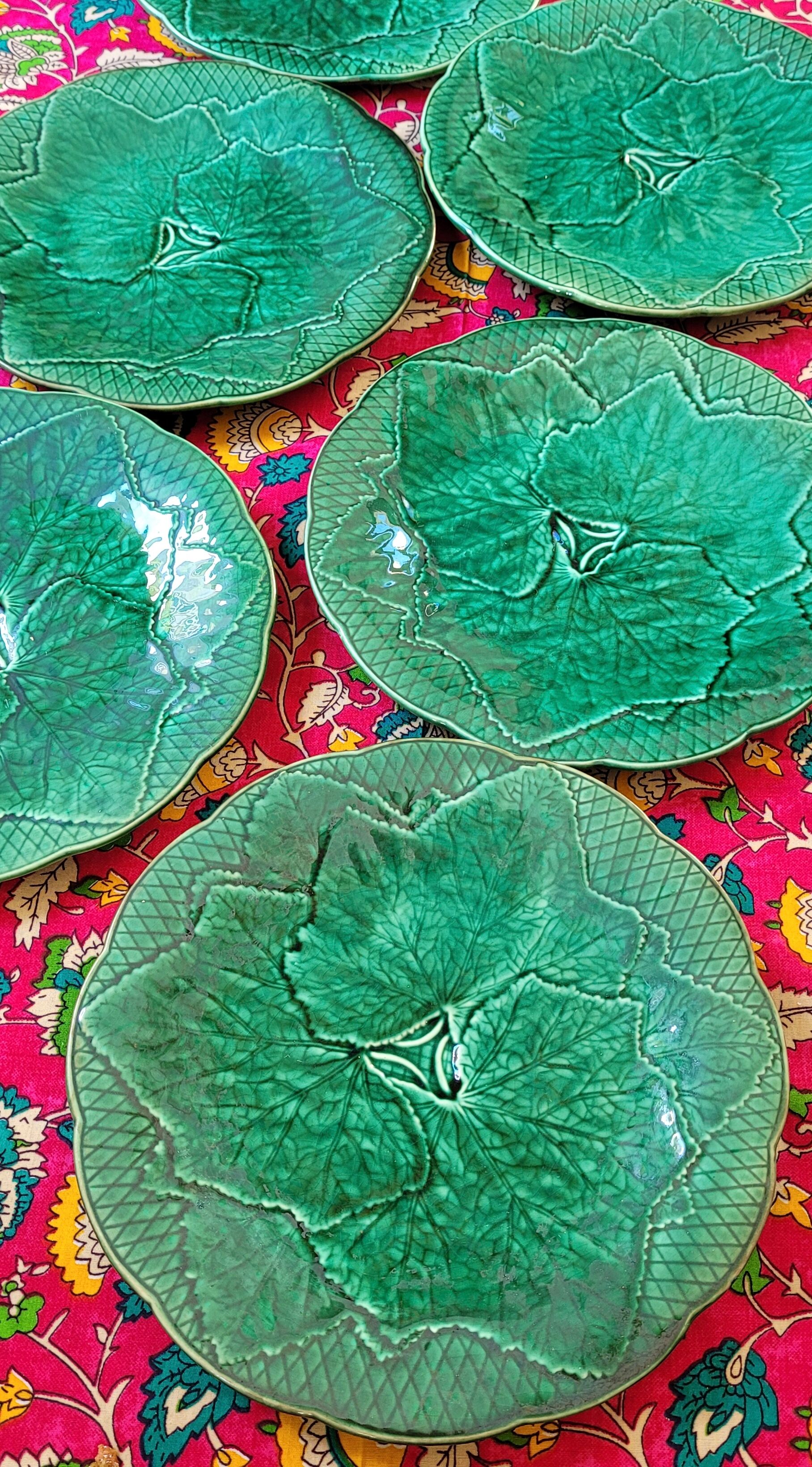 Set of 6 green plates in Barbotine faïence de Gien