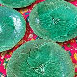 Set of 6 green plates in Barbotine faïence de Gien