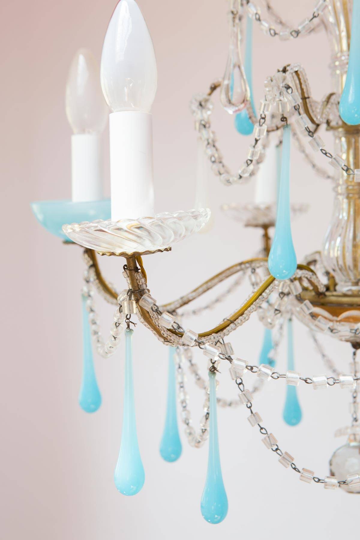 Italian chandelier with 6 arms in blue opaline glass (55 cm)