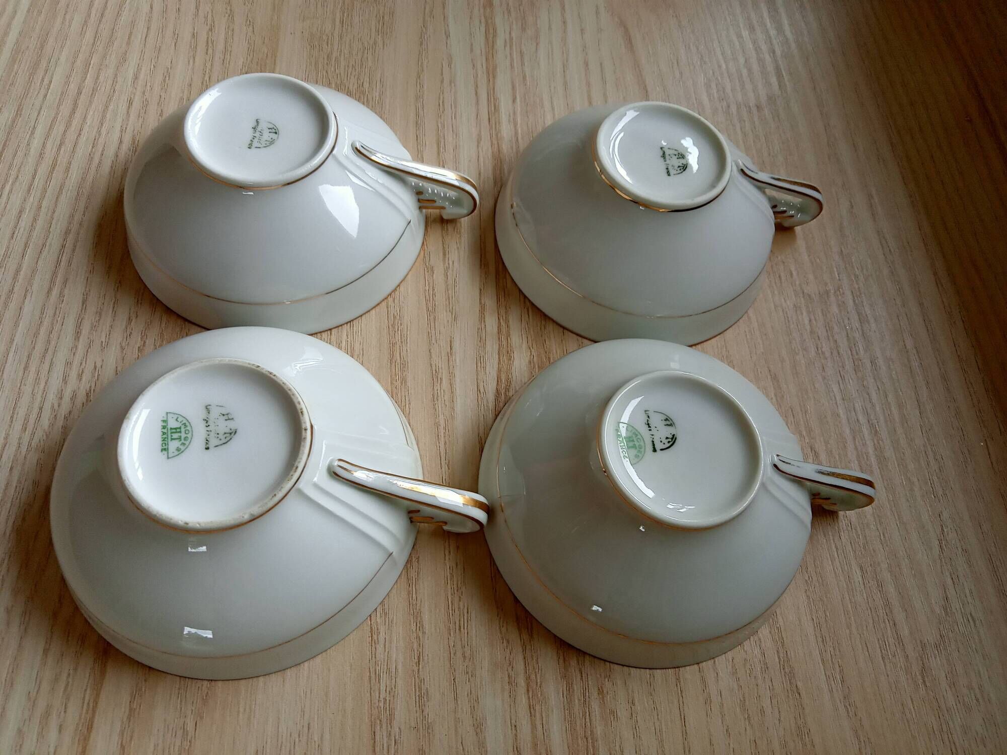 4 cups with 4 saucers Limoges, fine porcelain, coffee cups, white, light green, gold