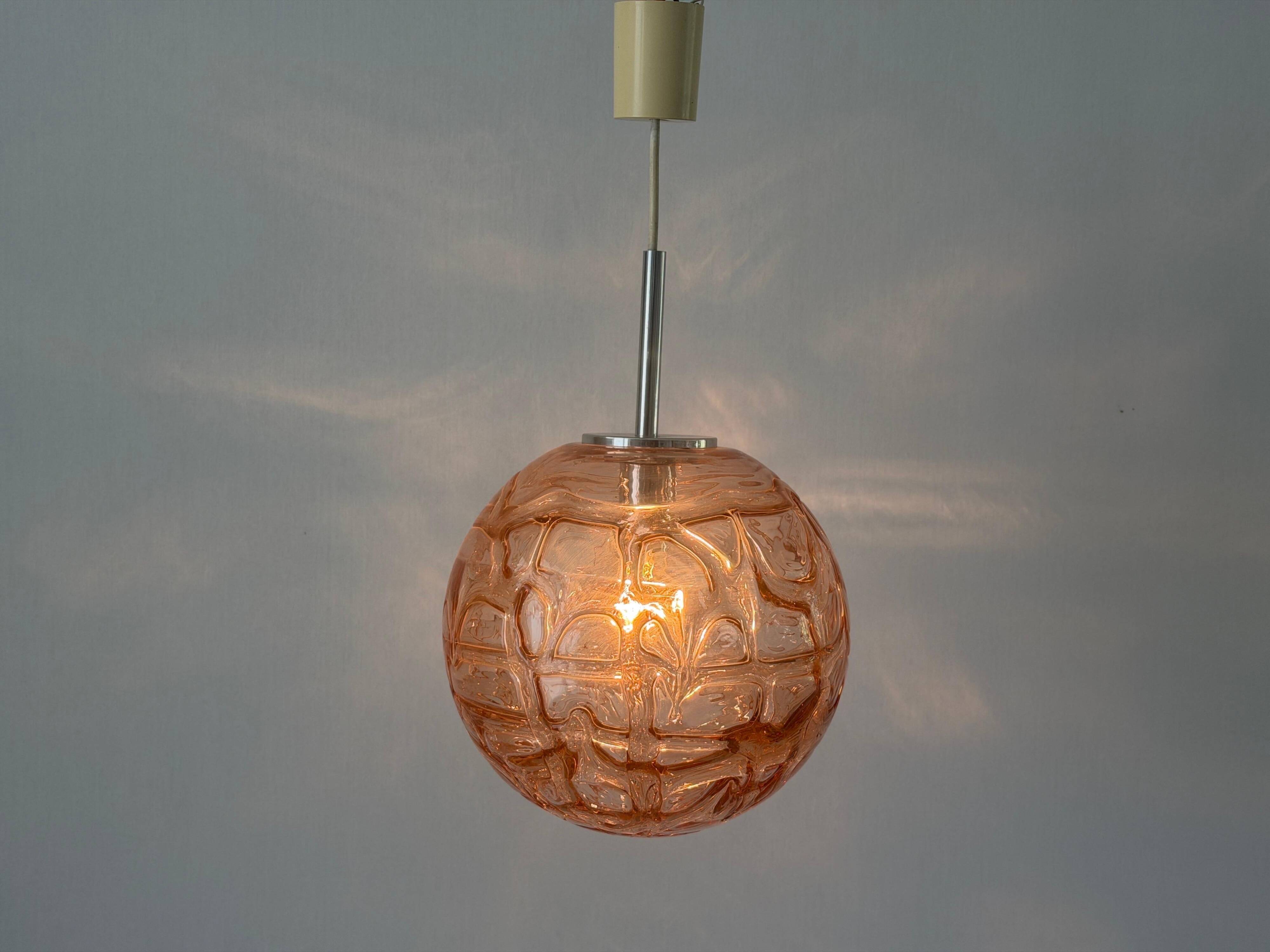 Pink pendant lamp made of hand-blown glass by Doria Leuchten, 1960s Germany.