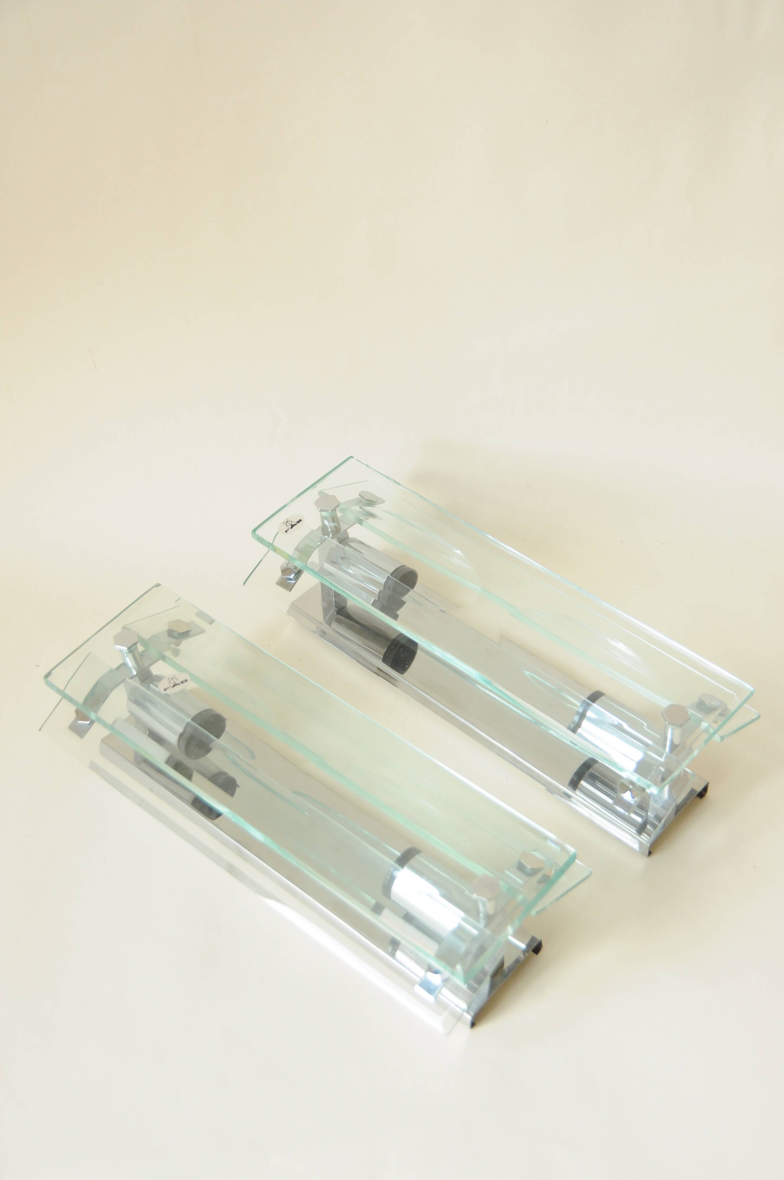 Pair of vintage glass and chrome wall sconces