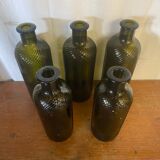 Set of 5 antique carapelli bottles, smoked and ribbed vintage glass