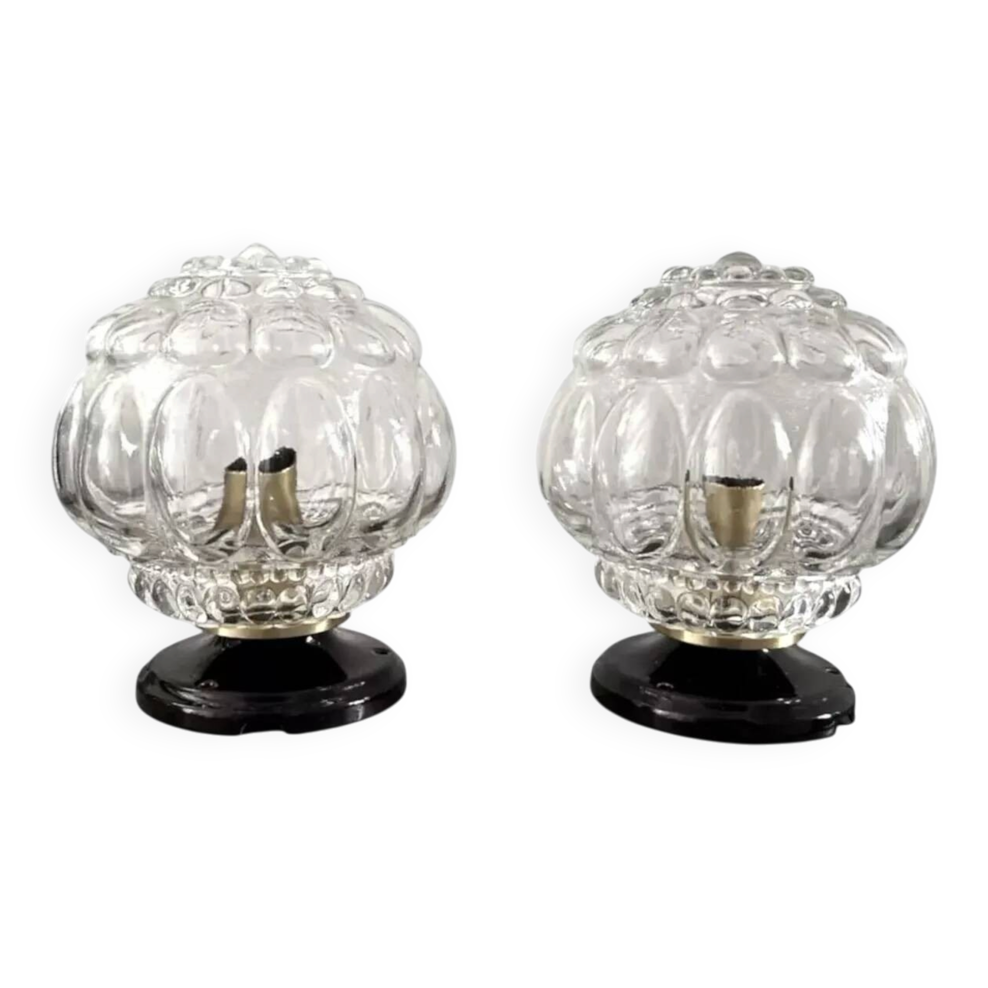 Paire d’appliques murales vintage globes en verre ciselé