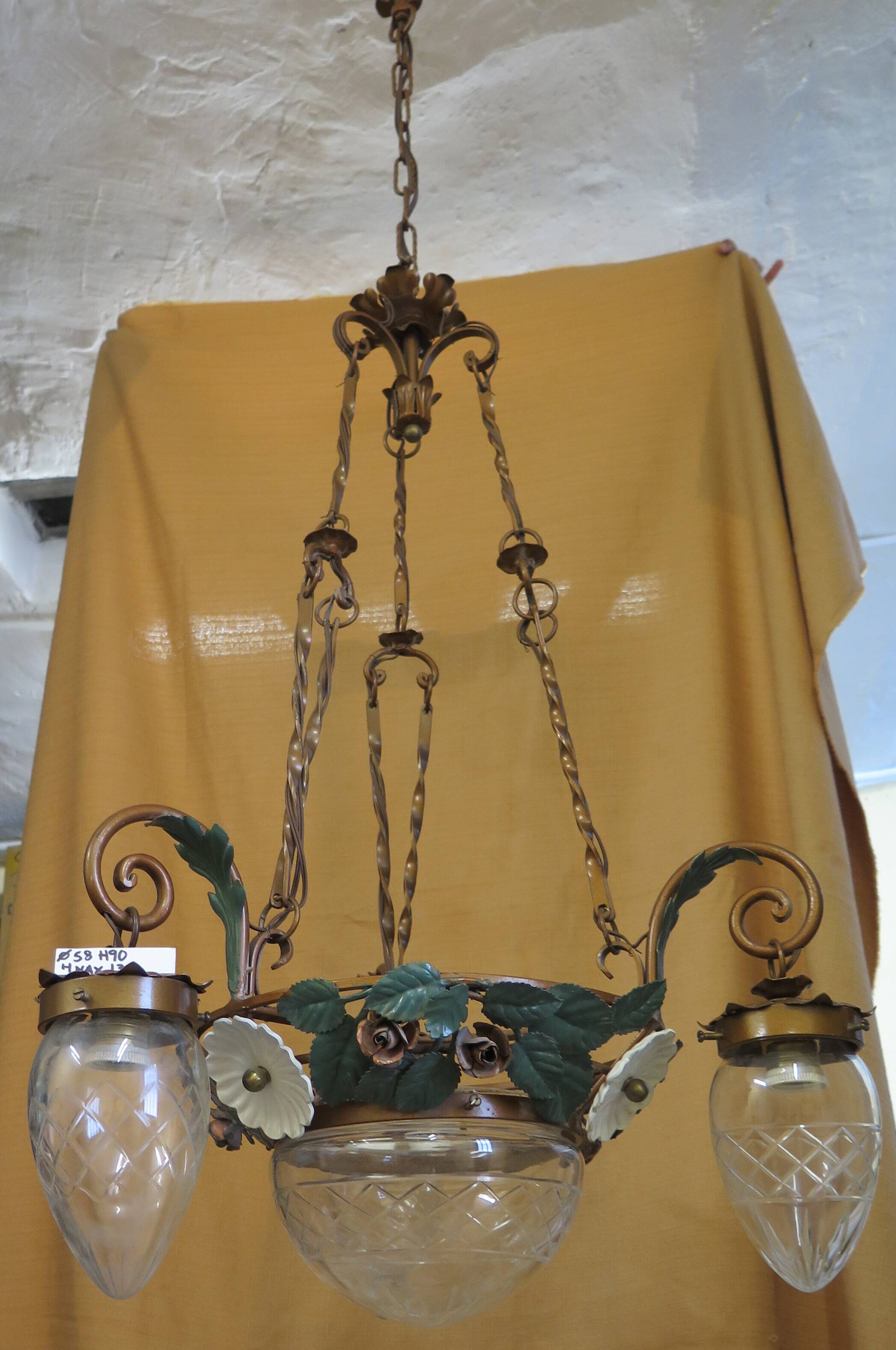 Chandelier wrought iron chandelier three bulbs with leaf flowers and glass lampshades