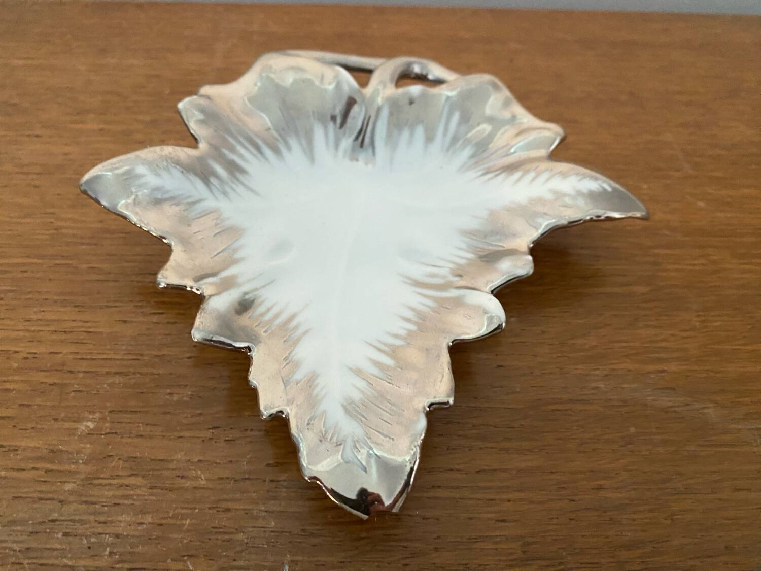 Antique limoges porcelain butter dish leaf shape white & chrome vintage