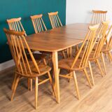 Retro Blonde Elm Model 444 Grand Plank Dining Table & 8 Goldsmith Dining Chairs