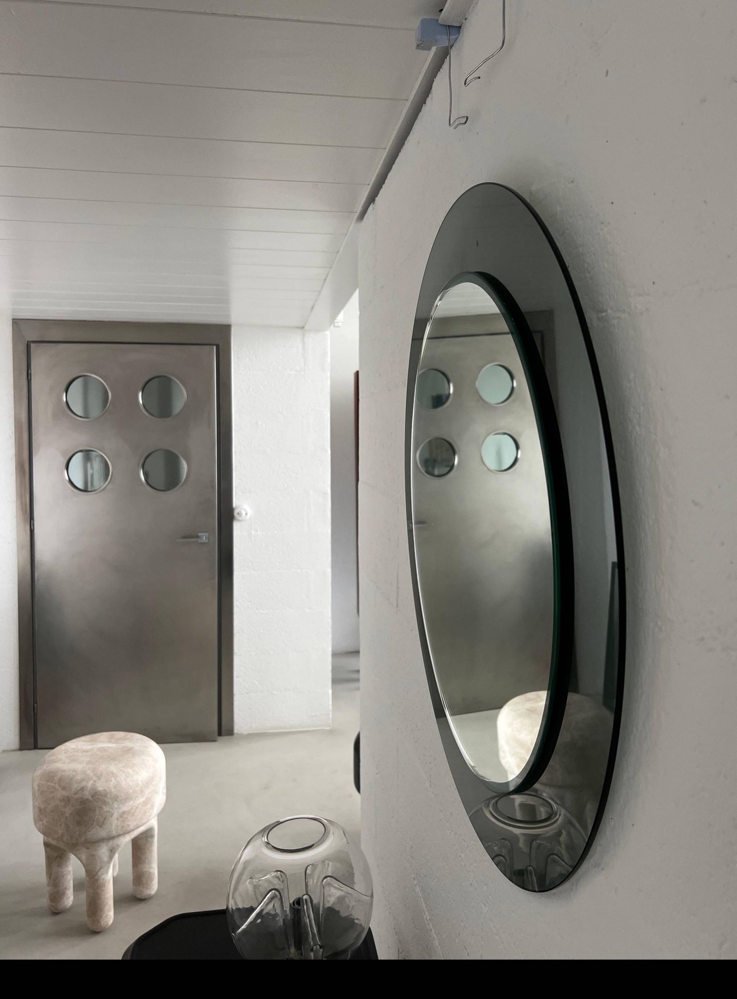 Decorative round wall mirror in smoked glass, Space Age Italian collectible