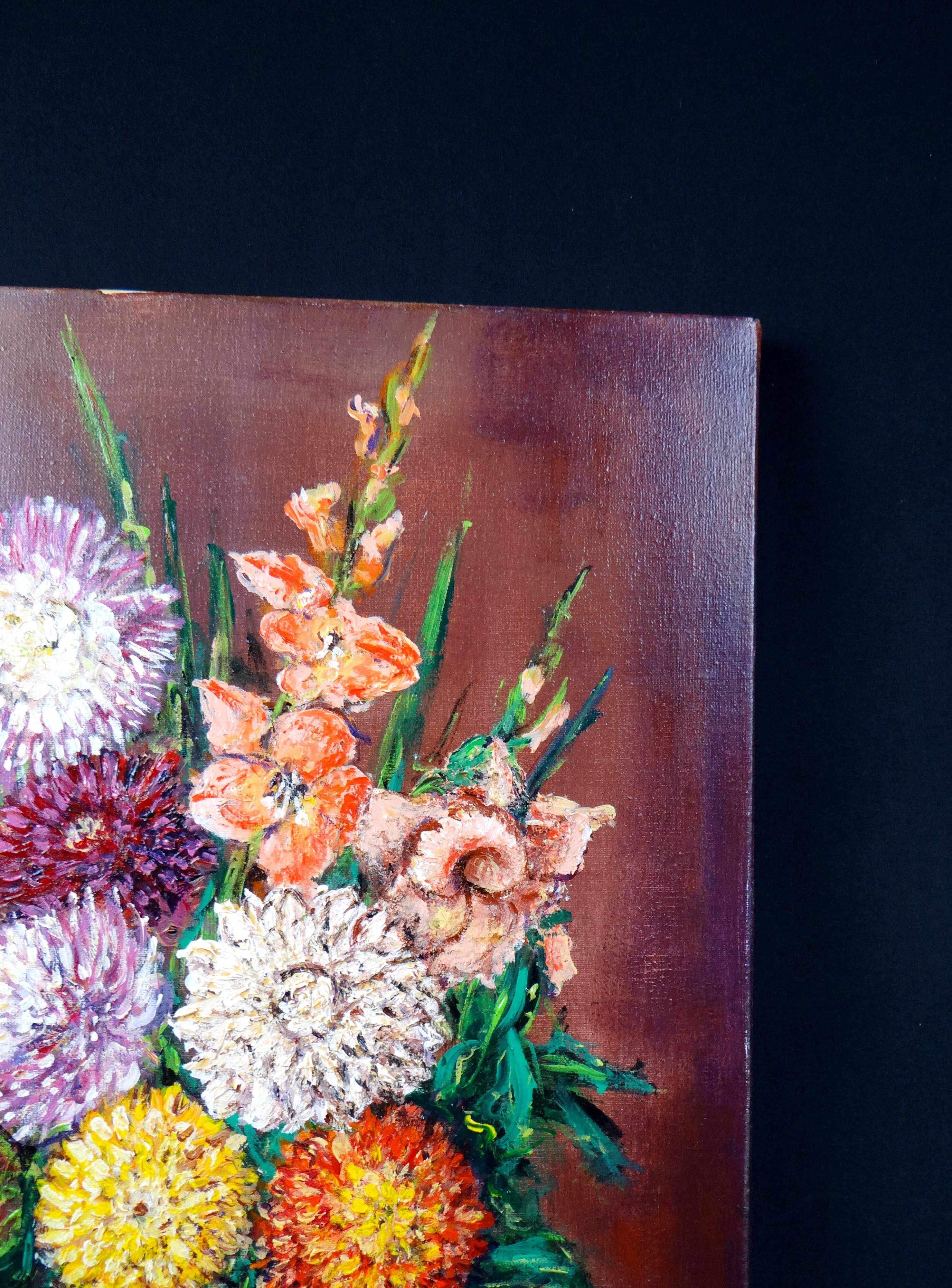 Still life 'Gladioli and Dahlias' Oil on canvas 36x33 signed J.D Vincent