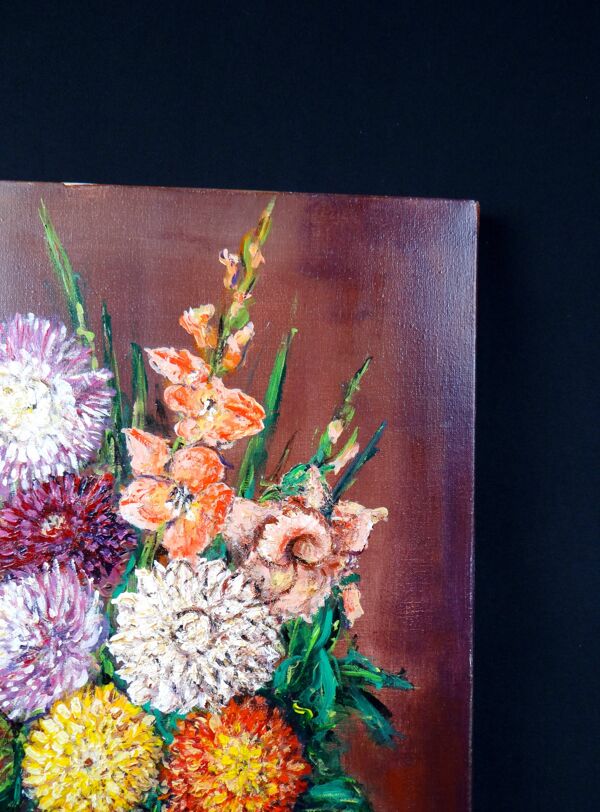 Nature morte 'Glaïeuls et Dahlias', huile sur toile signée J.D Vincent