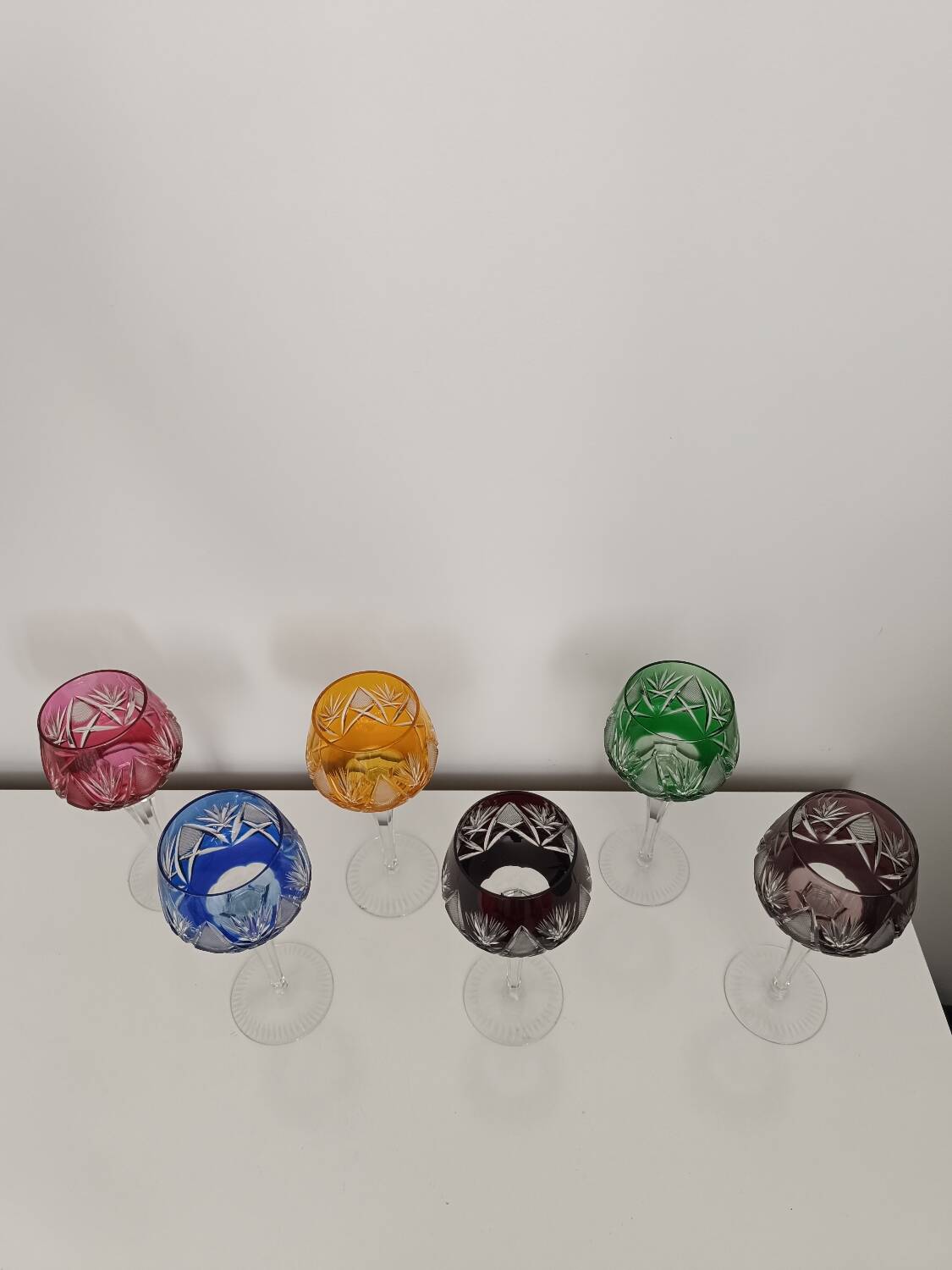 Set of 6 colored crystal stemmed glasses