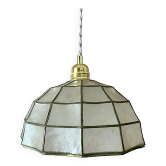 Vintage mother-of-pearl and brass lampshade pendant light