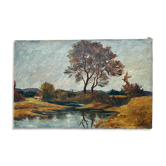 Paysage automnal vintage signé – Rivière et arbres – Huile sur toile