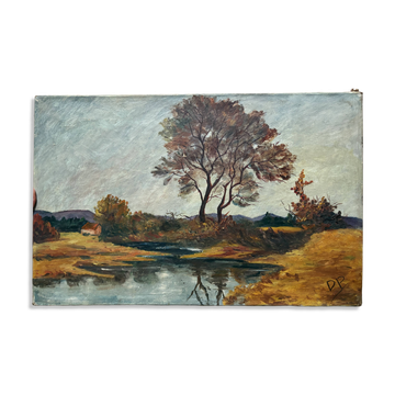 Vintage autumn landscape signed – River and trees – Oil on canvas