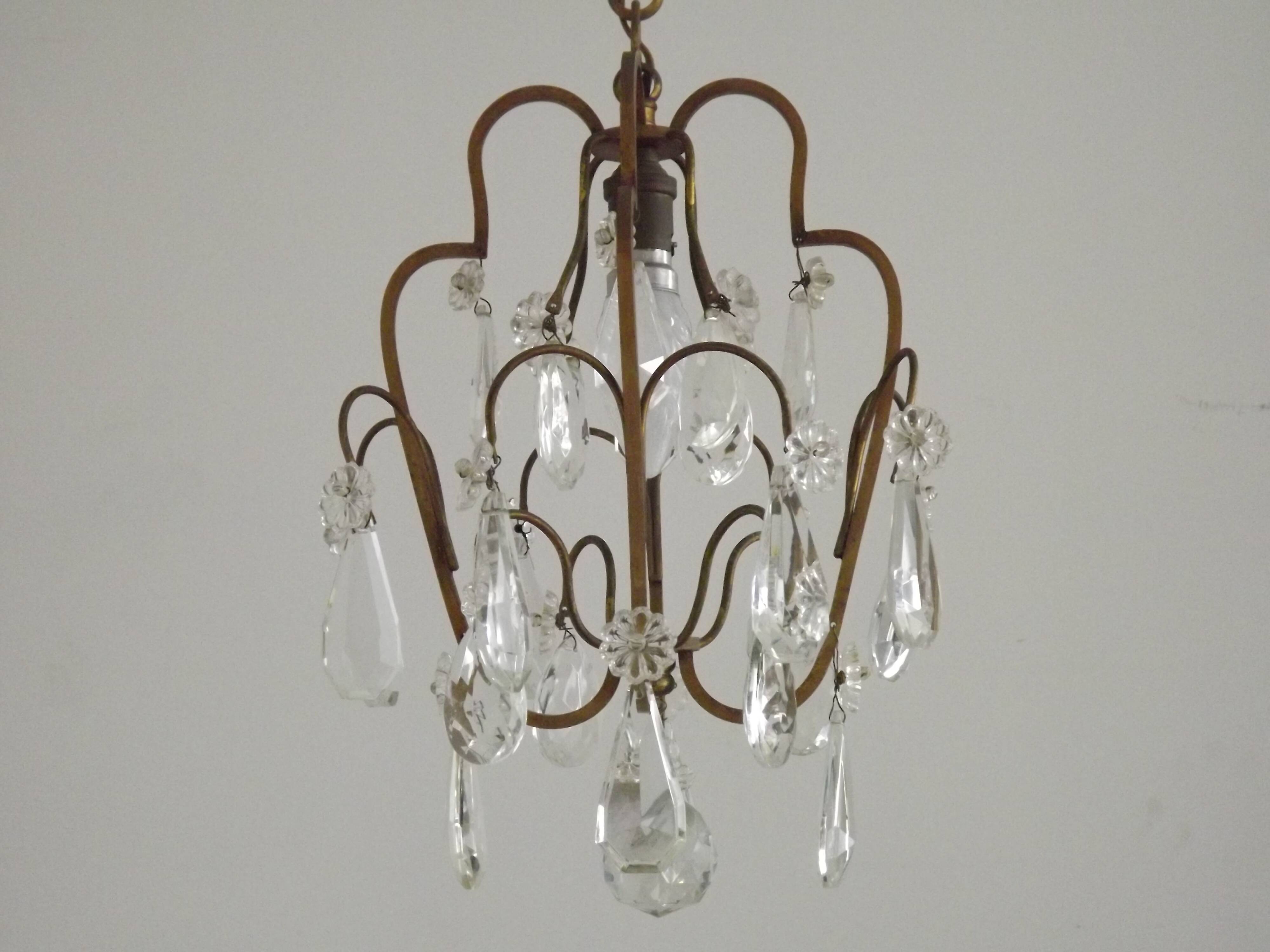 Small French Vintage Brass Single Light 4-Sided Crystal Cage Chandelier
