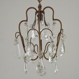 Small French Vintage Brass Single Light 4-Sided Crystal Cage Chandelier
