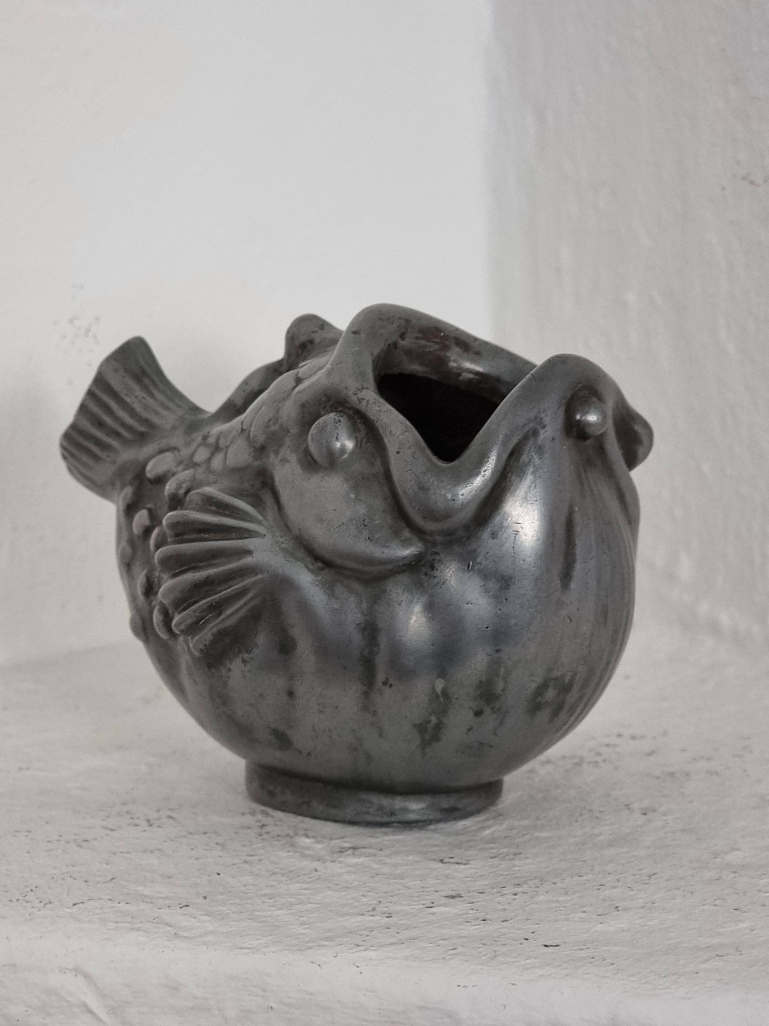 Just Andersen, fish vase in pewter, Denmark, 1930s