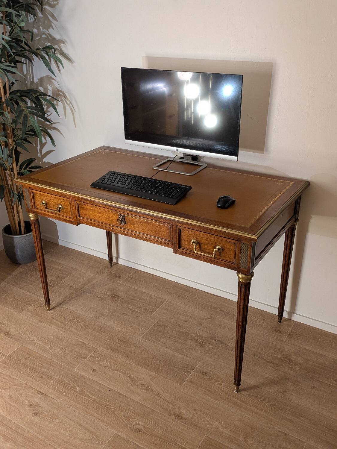Antique Louis XVI style vintage desk, leather, brass, cherry wood