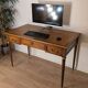 Antique Louis XVI style vintage desk, leather, brass, cherry wood
