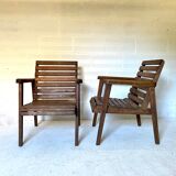 pair of armchairs with slats in chene 1950