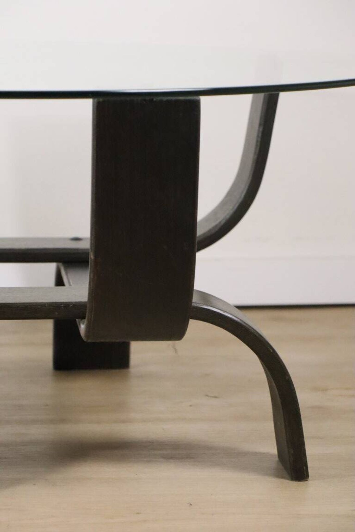 Vintage Fubo coffee table – curved wood & smoked glass – 1970s