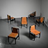 Set of black lacquered wooden chairs with leather, Swiss architect's work, 1980s.