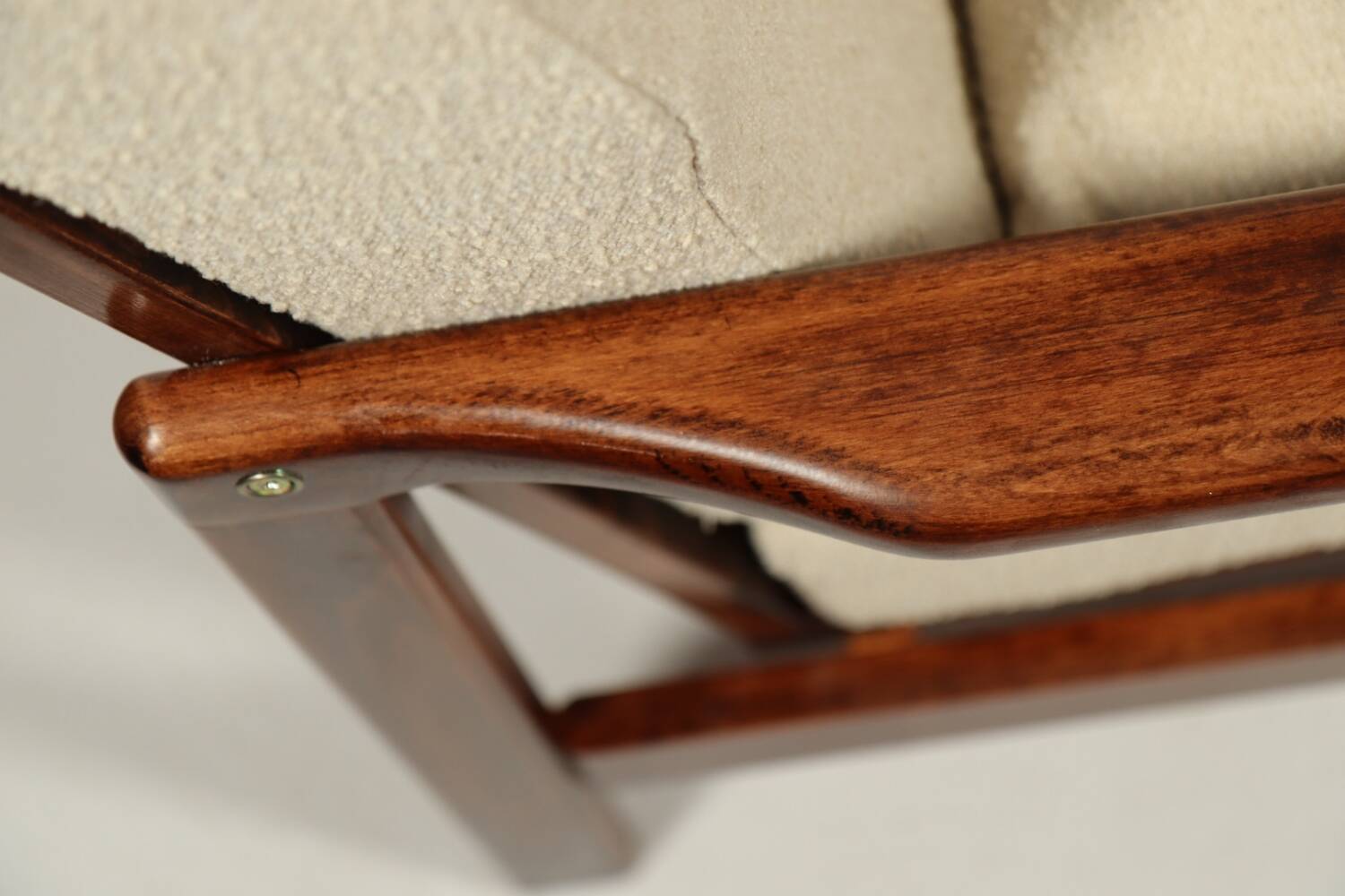 Vintage dark wood beige bouclé armchair by Z.Baczyk 1965