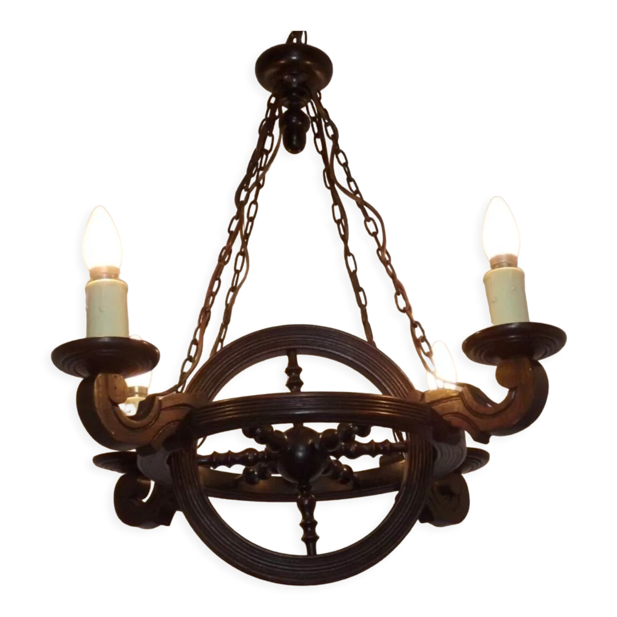 French vintage rustic 4 light wheel chandelier hand