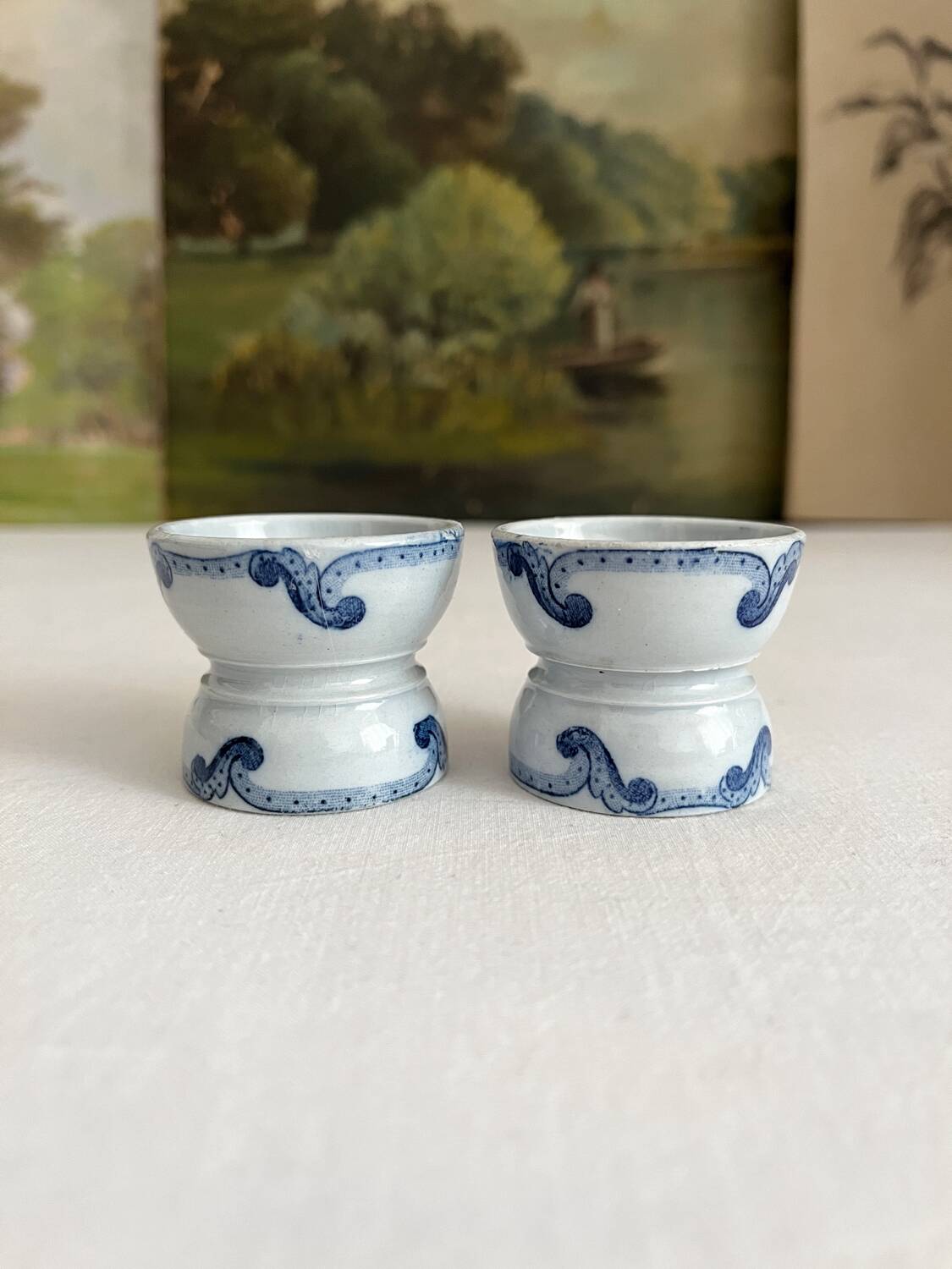 2 old diabolo egg cups, iron earth “Dutch” Creil and Montereau