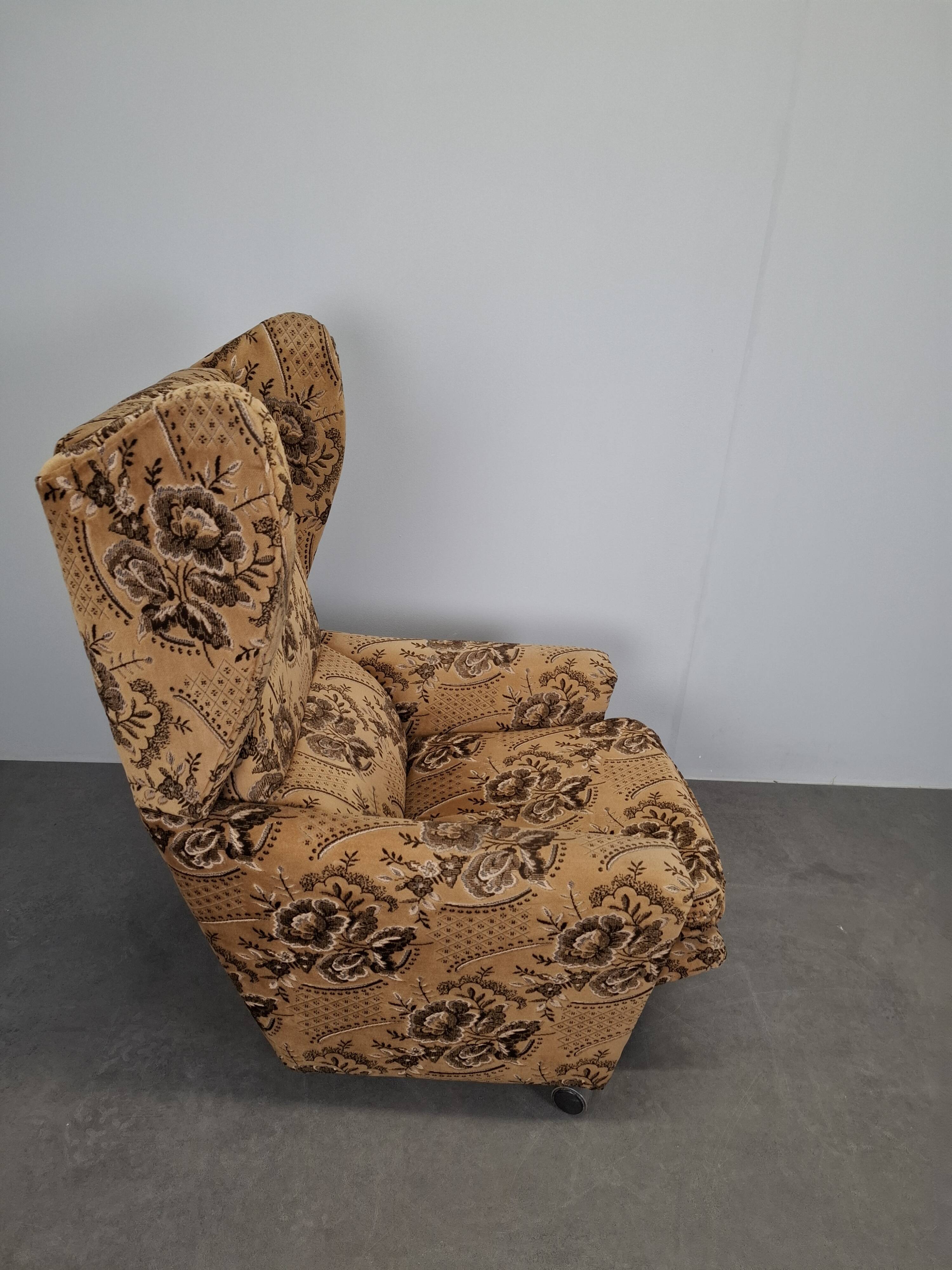 Mid-Century Czechoslovak Plush Wingback Recliner Chair, 1970s