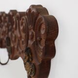 Antique Carved oak Wall mount coat rack with 3 brass angel hooks, France