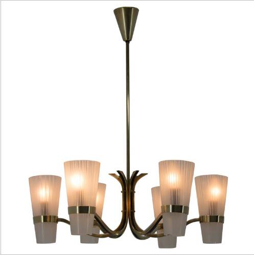 Brass and Glass Chandelier in Lyfa Style, Denmark, 1970s