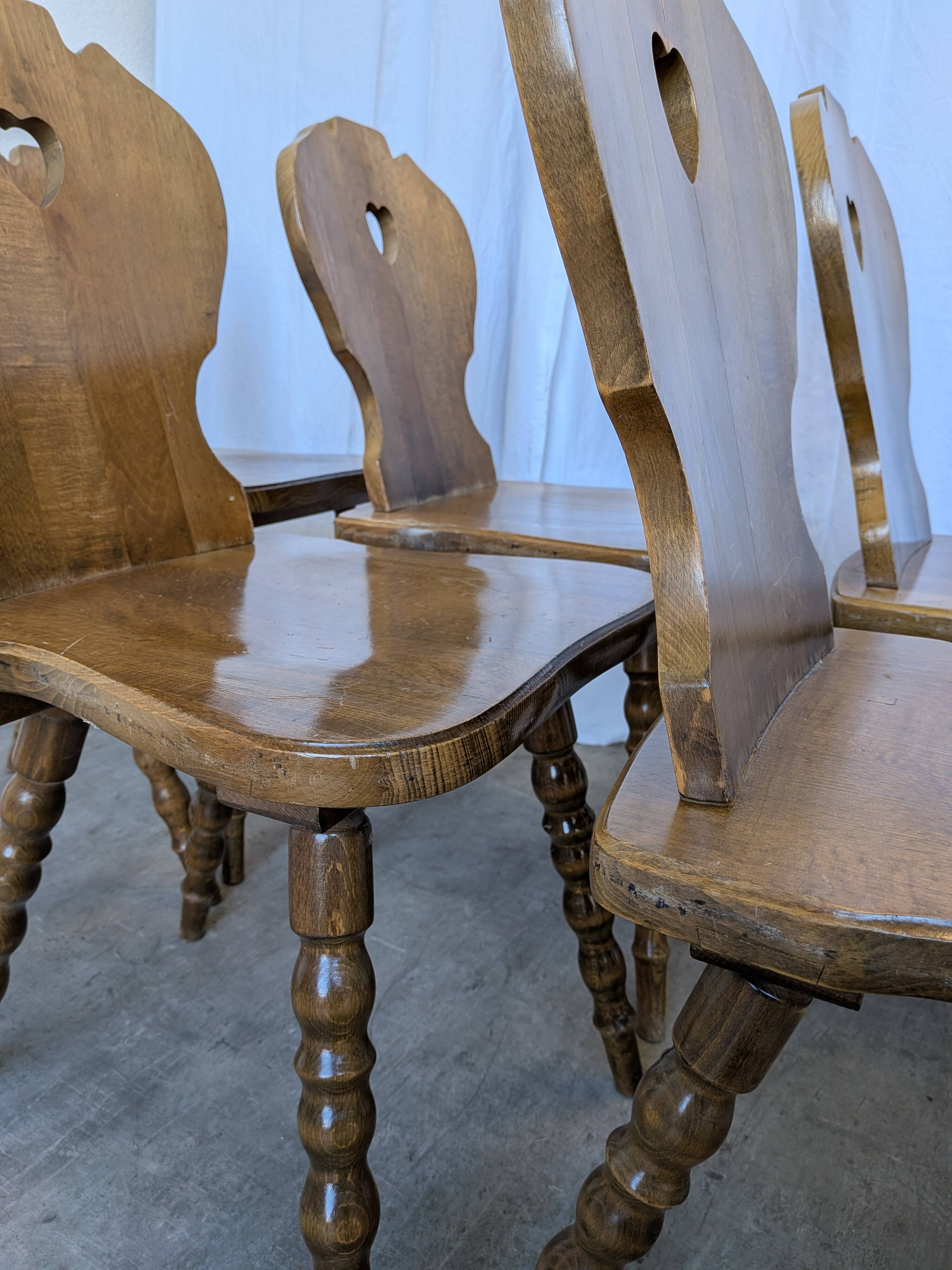 Set of 8 Vintage Tyrolean Heart Cutout Wooden Dining Chairs / Darker Brown