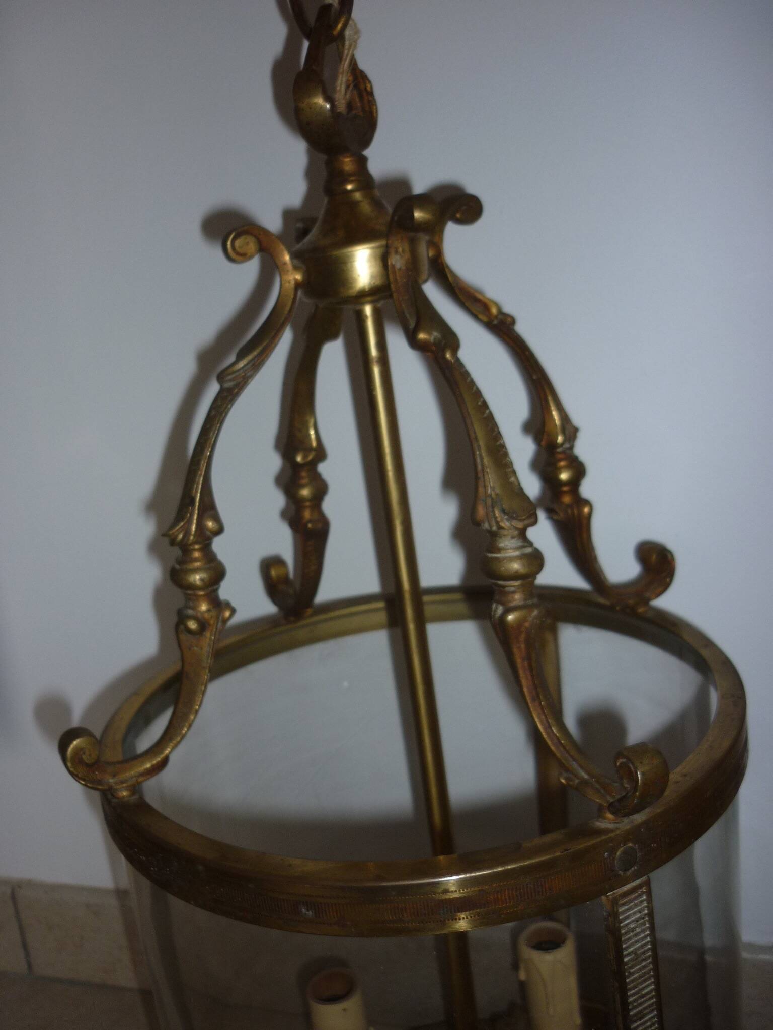 Antique glass and brass lantern pendant light, 3 lights
