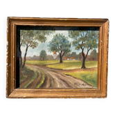 Tableau Huile sur panneau ancienne campagne paysage encadrement doré