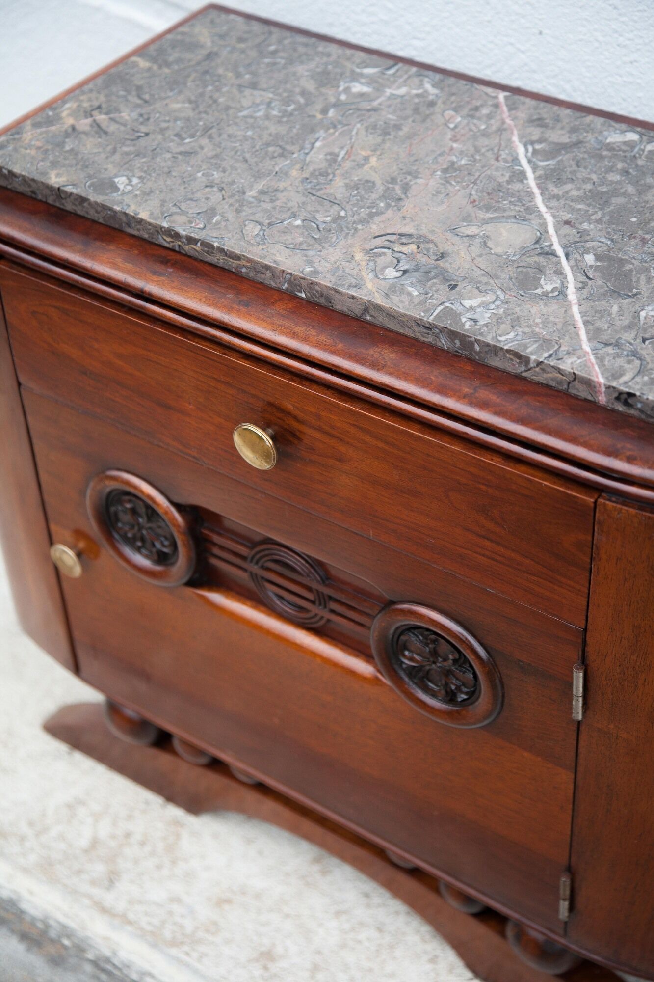Art Deco bedside table, wood and marble deco nightstand, end of sofa, art deco