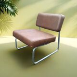 Vintage low cantilever armchair – Brown faux leather & tubular frame