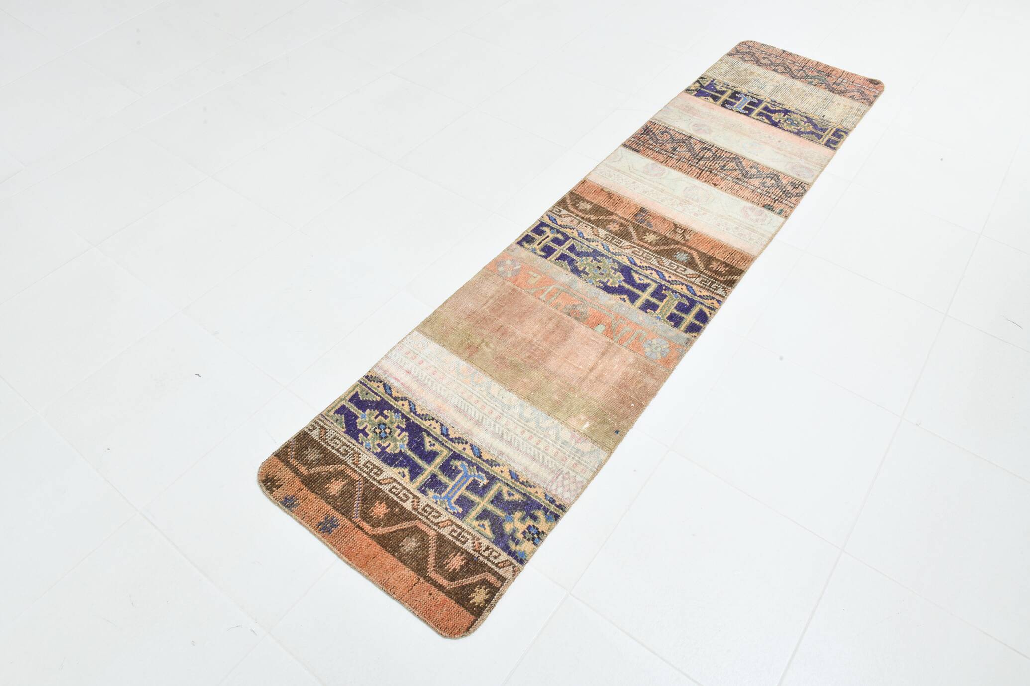 2x8 Short Blue Beige Vintage Runner Rug, 58x250Cm